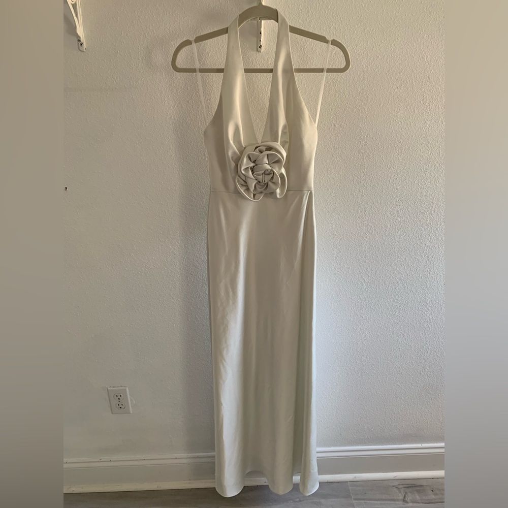 Antonio Melani white halter gown with 3D flower